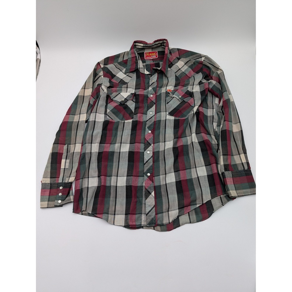 Ely Plains Vintage Western Pearl Snap Plaid Shirt Burgundy Green Mens 16.5 x‎ 34